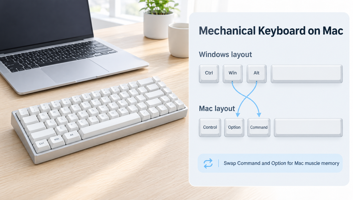 Mechanical keyboard on Mac: Windows Ctrl, Win, Alt keys compared with Mac Control, Option, Command layout