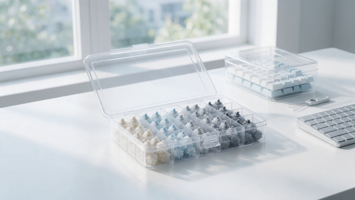 How to store mechanical keyboard switches and keycaps in a clear compartment storage case