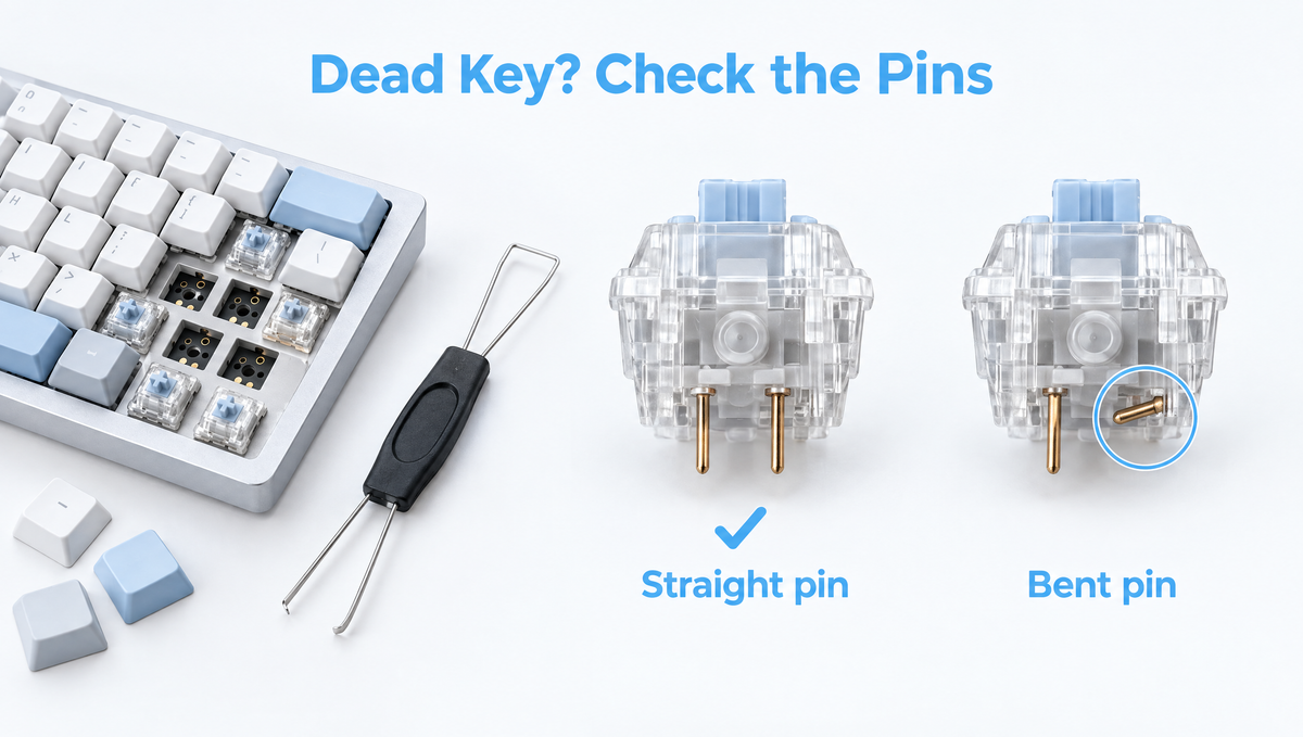 Hot-swap keyboard key not working diagram comparing a straight switch pin and a bent switch pin