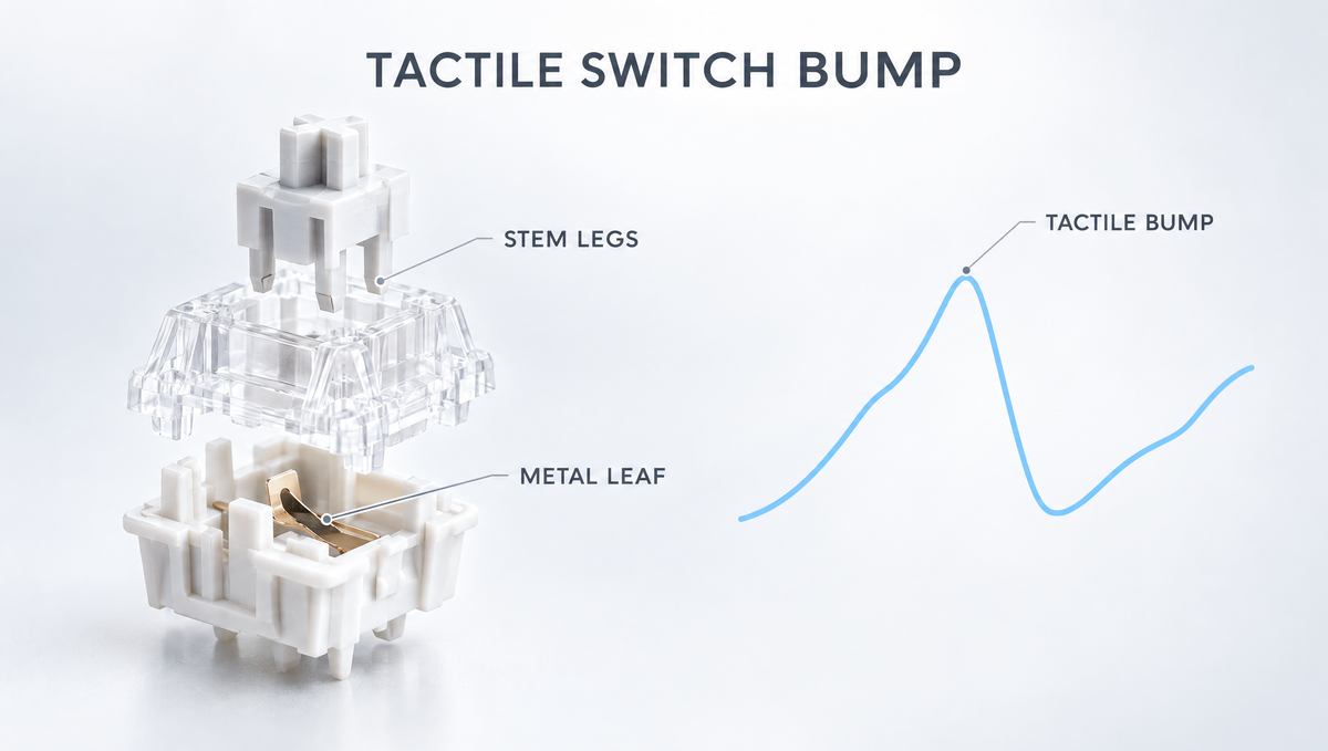 Tactile switches explained diagram showing a clear keyboard switch's stem legs, metal leaf, and tactile bump force curve