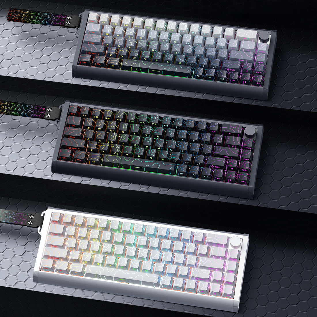 Mechanical keyboards with RGB lighting on a dark surface