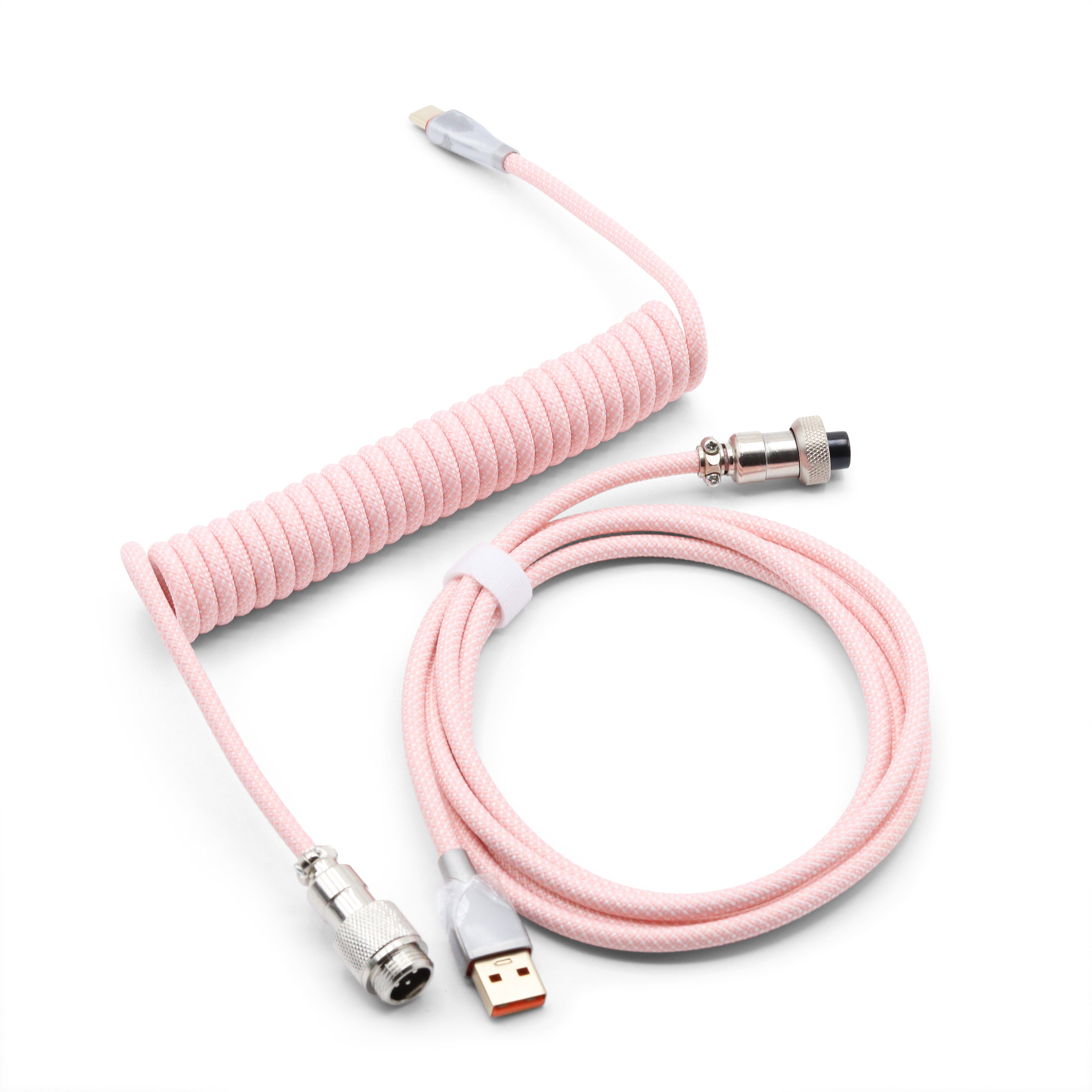 Glacier Premium Durable Quality Braided USB-C to USB-A Coiled Cable with Detachable Metal Aviator Connector Plug for Mechanical Keyboard-Pink-