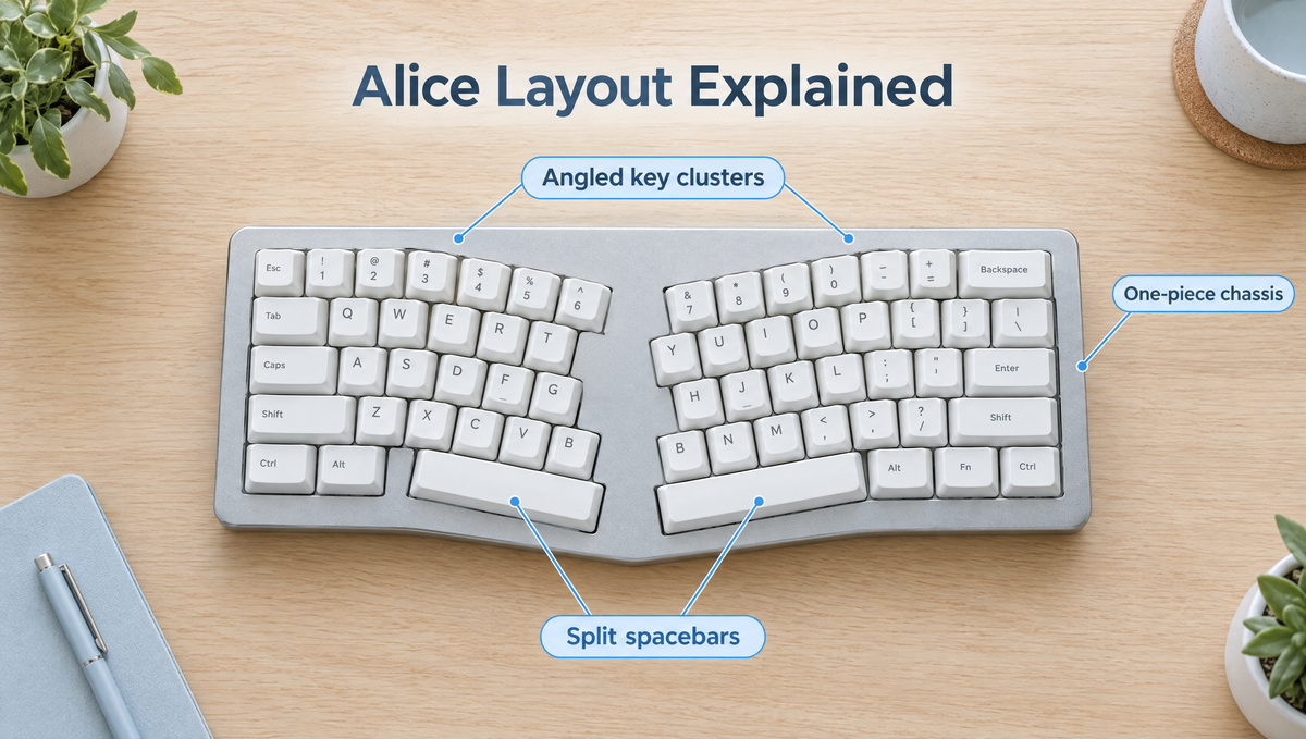 Alice layout keyboard top view showing angled key clusters, split spacebars and a one-piece chassis
