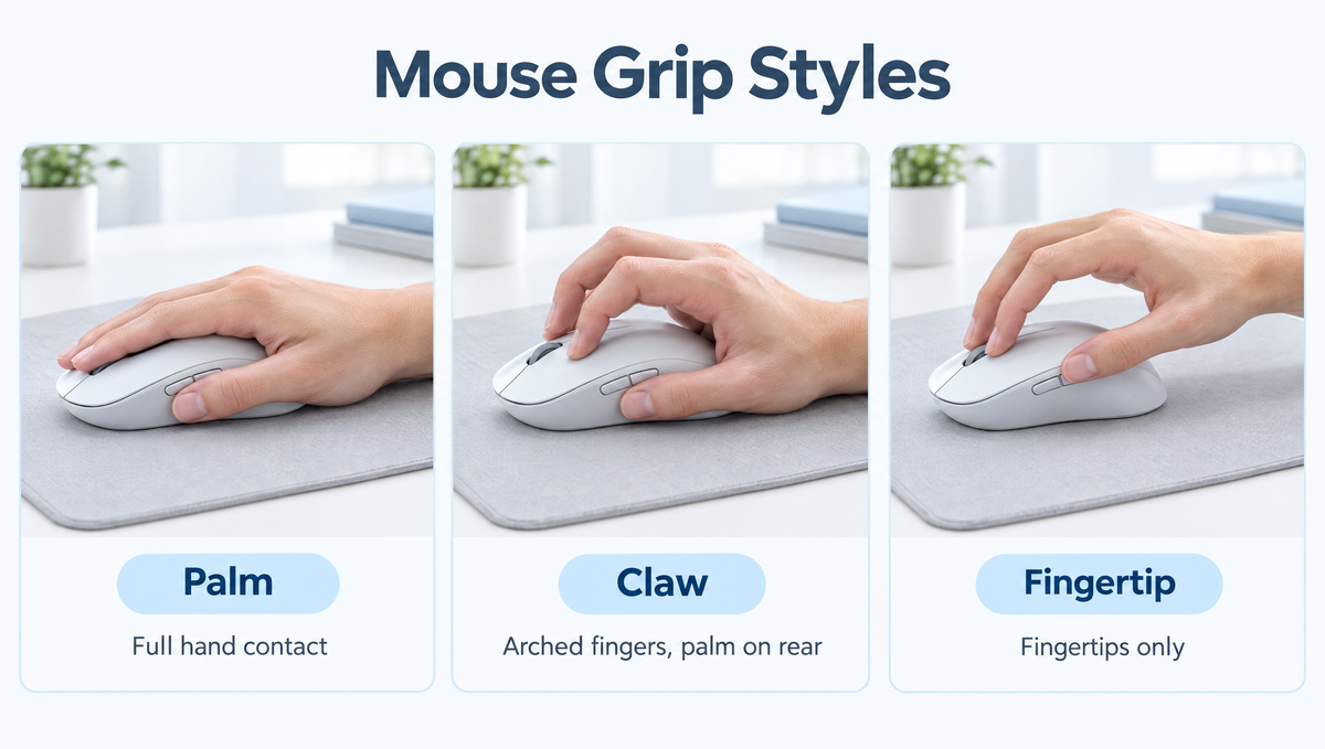 Mouse grip styles explained: palm, claw and fingertip grip on a gaming mouse