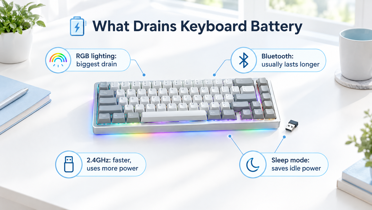 Wireless mechanical keyboard battery life: RGB, Bluetooth, 2.4GHz and sleep mode battery drain guide