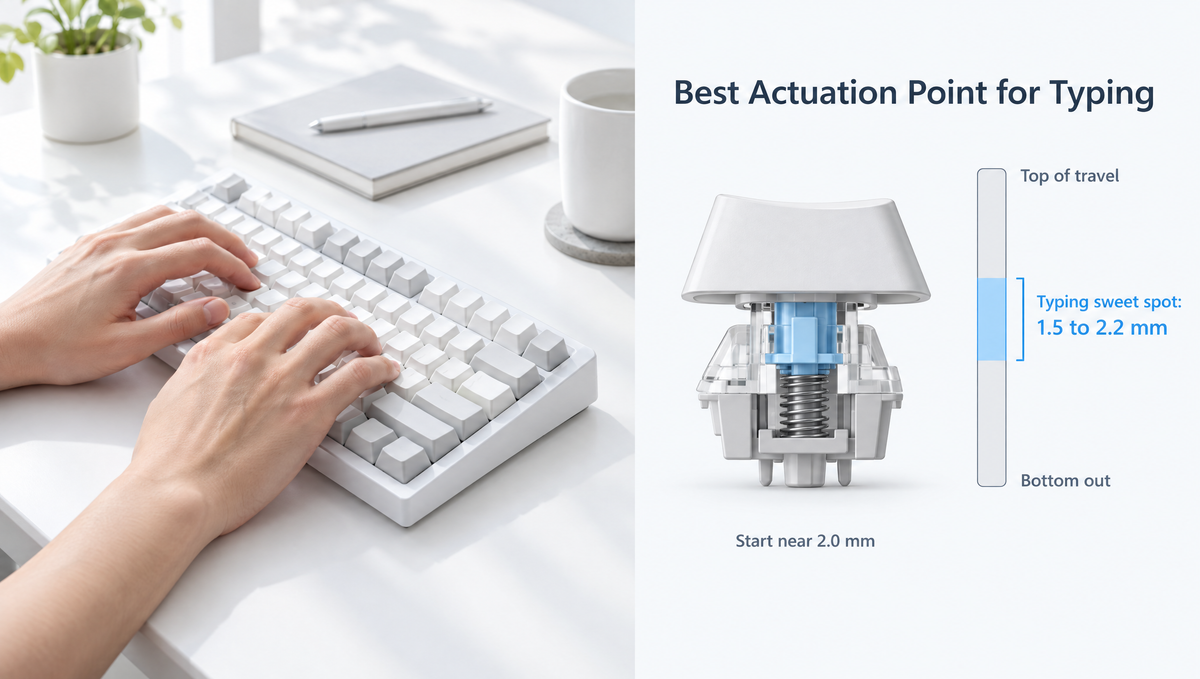 Hall effect keyboard for typing: actuation point diagram showing a 1.5 to 2.2 mm typing sweet spot