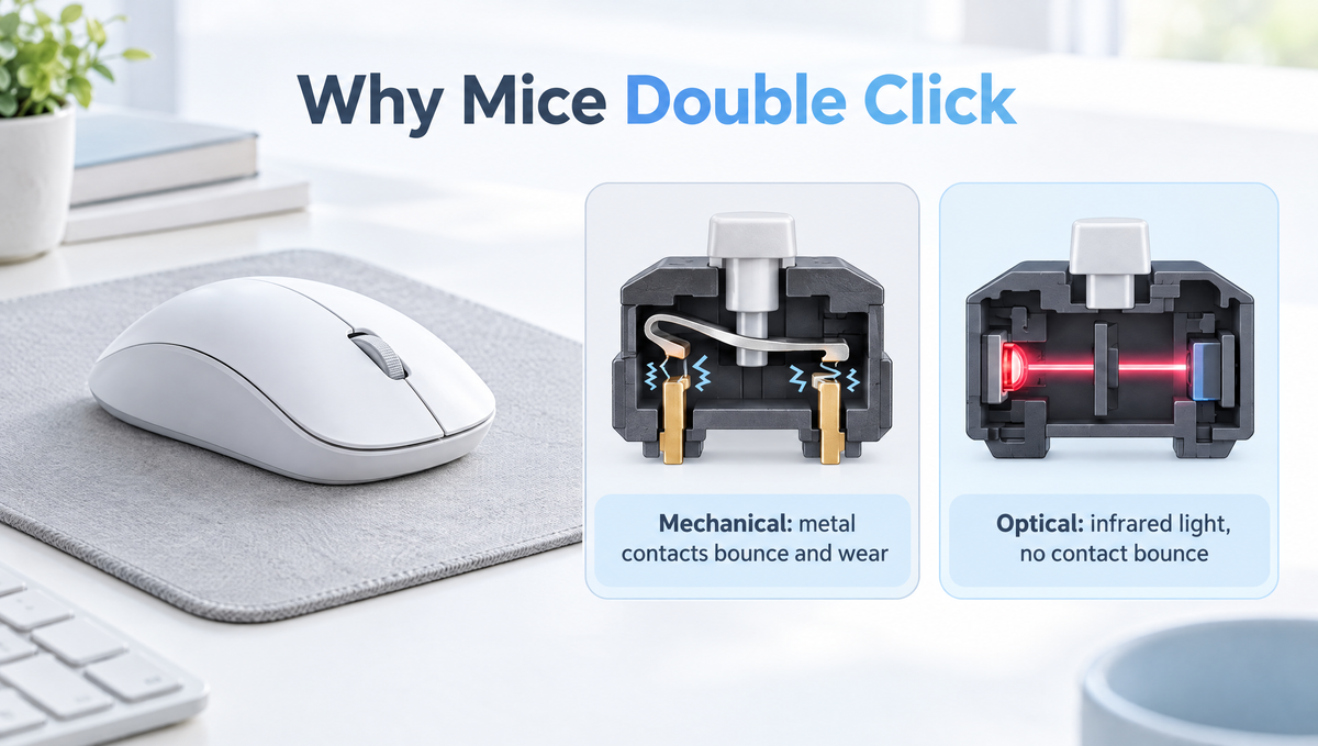 Mouse double clicking explained: mechanical vs optical mouse switch diagram next to a white gaming mouse