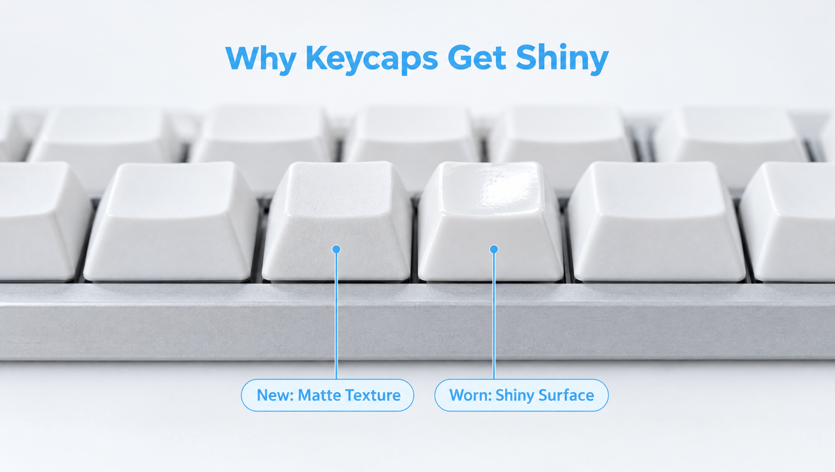 Why keycaps get shiny: matte new keycap beside a worn shiny keycap on a silver mechanical keyboard