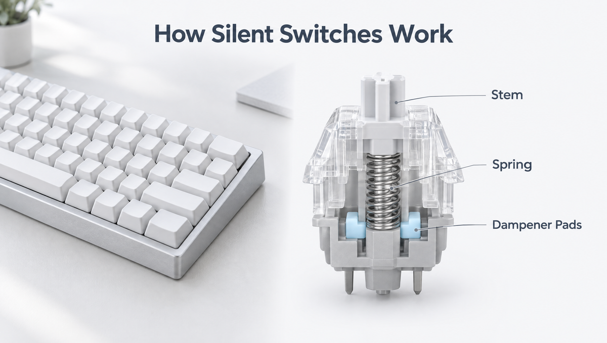 Silent switches explained diagram showing the stem, spring, and dampener pads inside a quiet mechanical keyboard switch