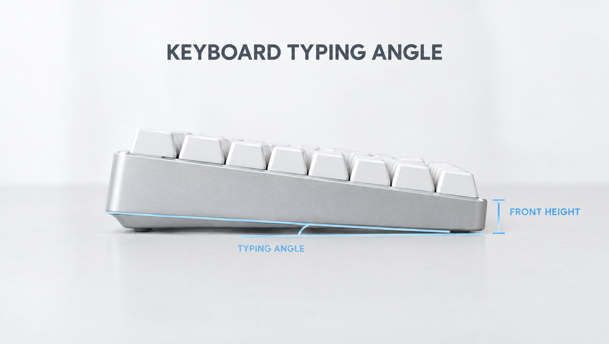 Side view diagram of a silver mechanical keyboard showing keyboard typing angle and front height
