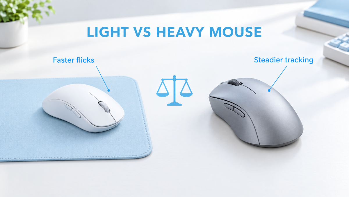Gaming mouse weight comparison of a light white mouse and a heavier silver mouse on a light blue mousepad