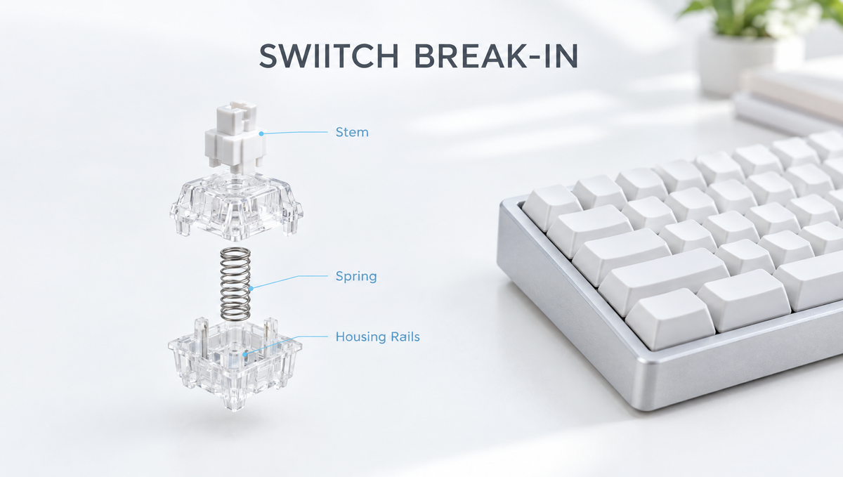 Mechanical switch break-in diagram showing the stem, housing rails and spring beside a silver 65% keyboard