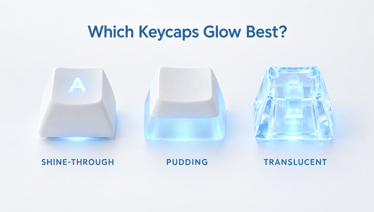 Shine-through vs pudding vs translucent keycaps glowing with blue RGB backlight, side-by-side comparison