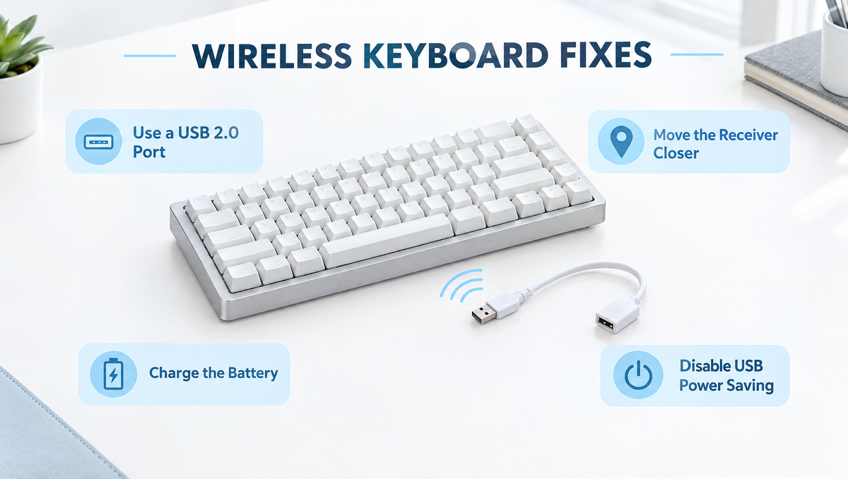 Wireless keyboard lag fixes infographic: silver mechanical keyboard with 2.4GHz receiver on extension cable
