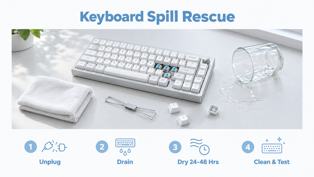 Infographic: steps to fix spilled water on a mechanical keyboard - unplug, drain, dry 24-48 hours, clean and test