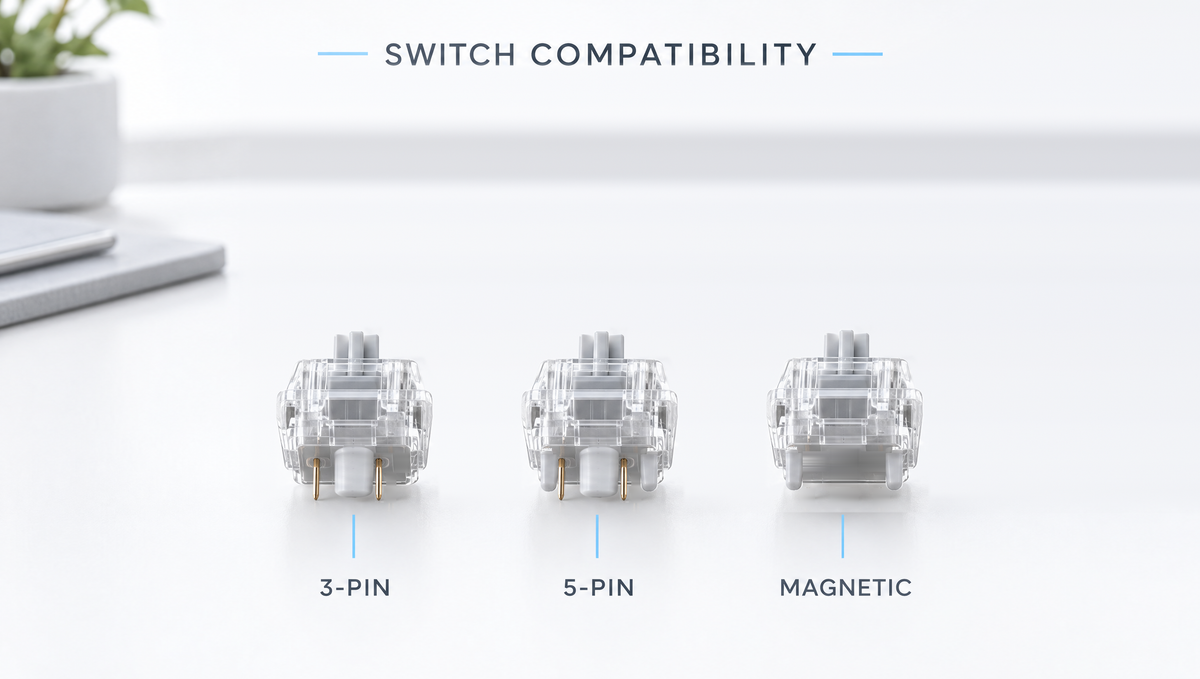 Switch compatibility diagram comparing 3-pin, 5-pin and magnetic keyboard switches