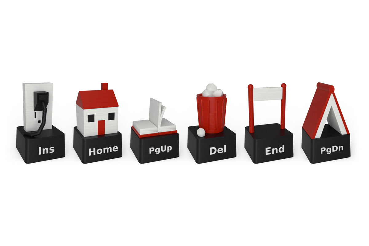 The six Literal Navigation Keycaps in a row