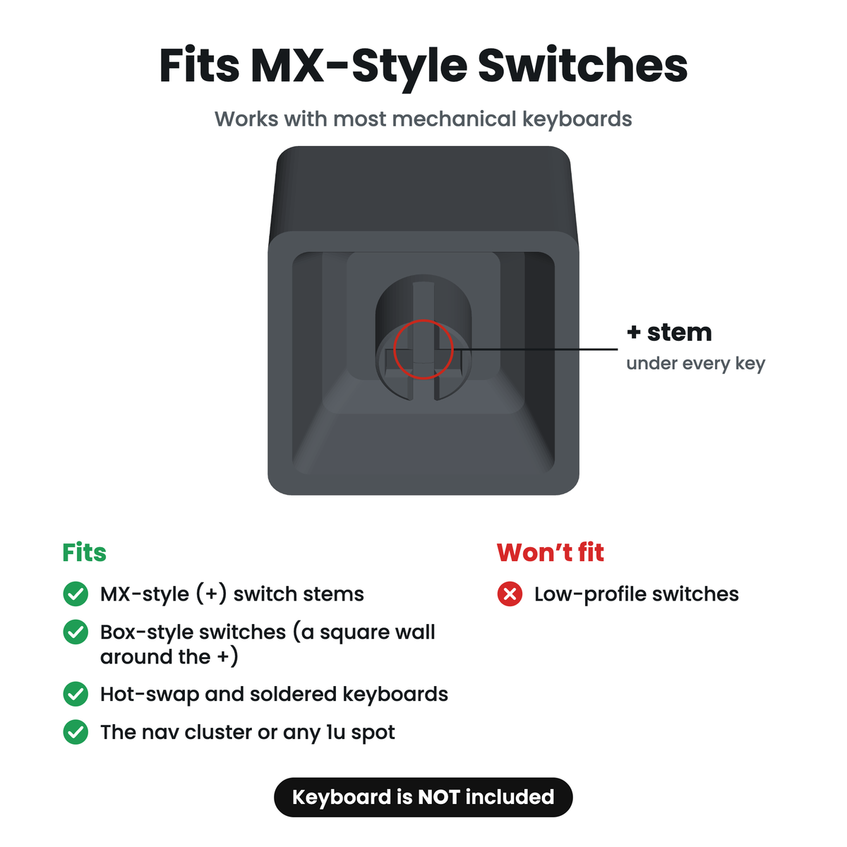 Fits MX-style switches, box-style included; not low-profile switches
