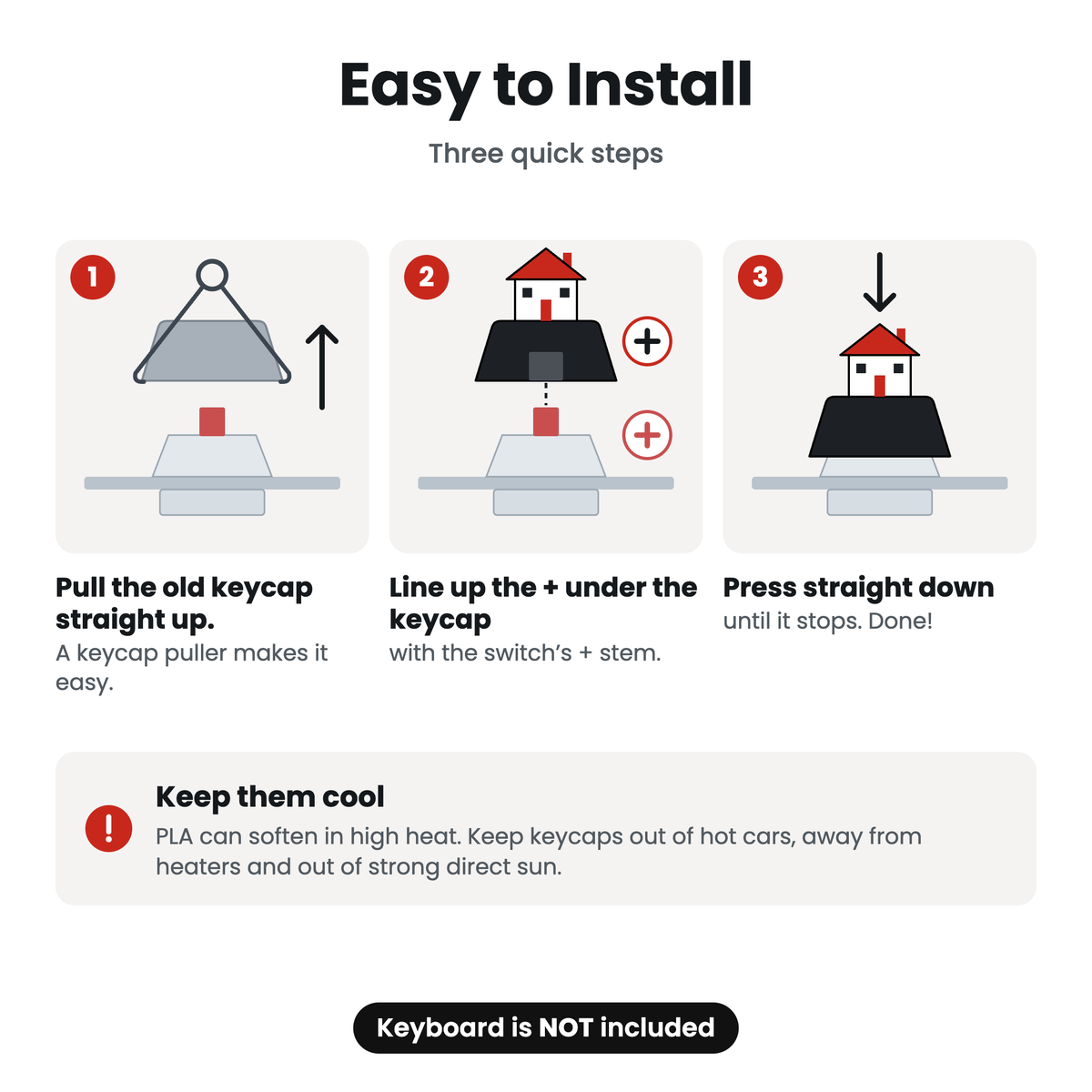 Install in three steps: pull, line up the +, press down