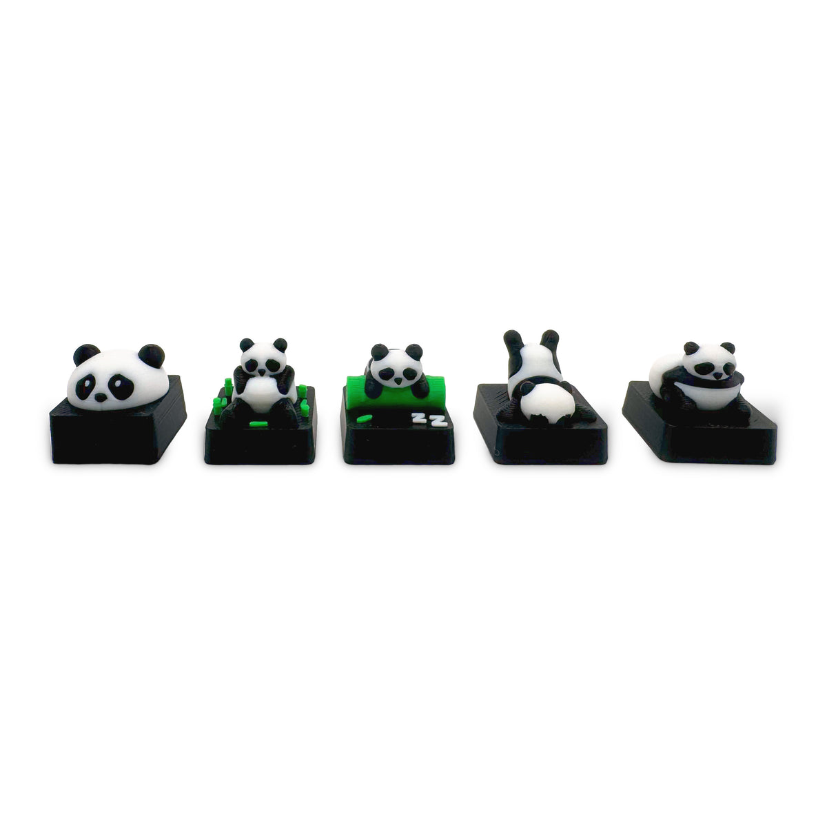 Glacier Panda Pack 3D printed artisan keycaps: Panda Face, Food Coma, Nap, Faceplant and Thicc