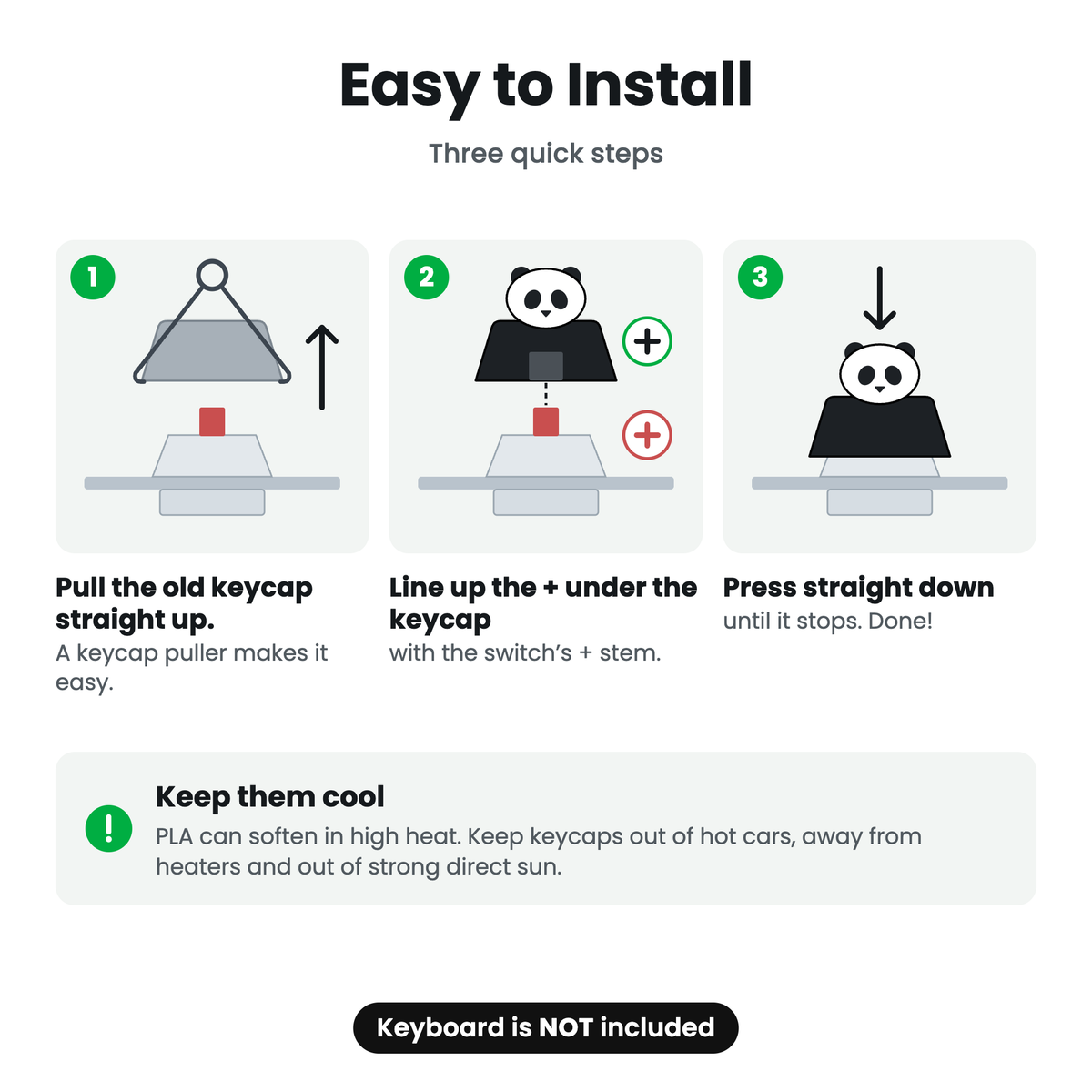 Install in three steps: pull, line up the +, press down