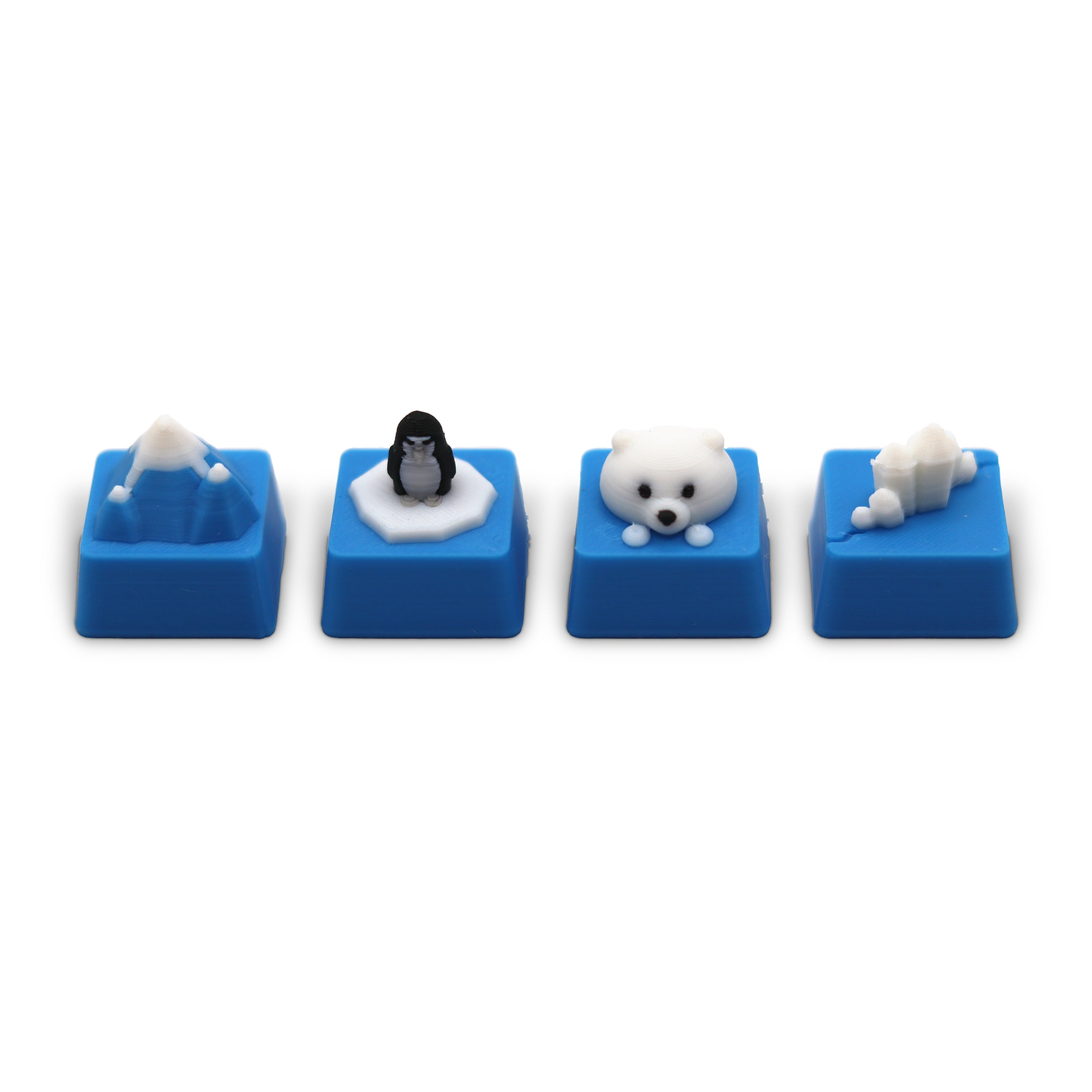 Glacier Polar Pack 3D printed artisan keycaps: Glacier Peak, penguin, polar bear and ice crystal