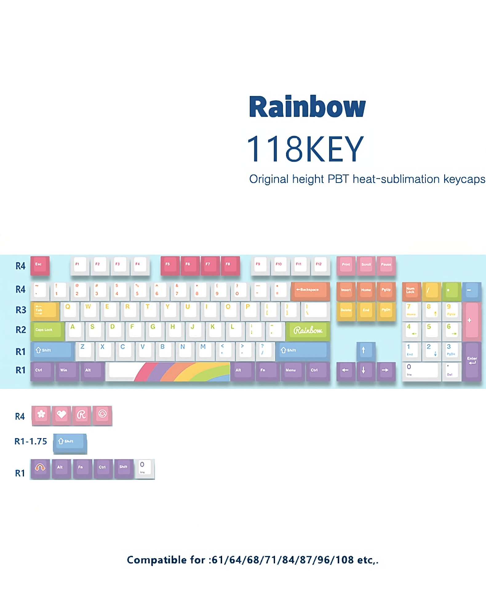 Glacier PBT Dyed Sublimated Cherry Profile Rainbow Keycaps Set - Thumbnail 2