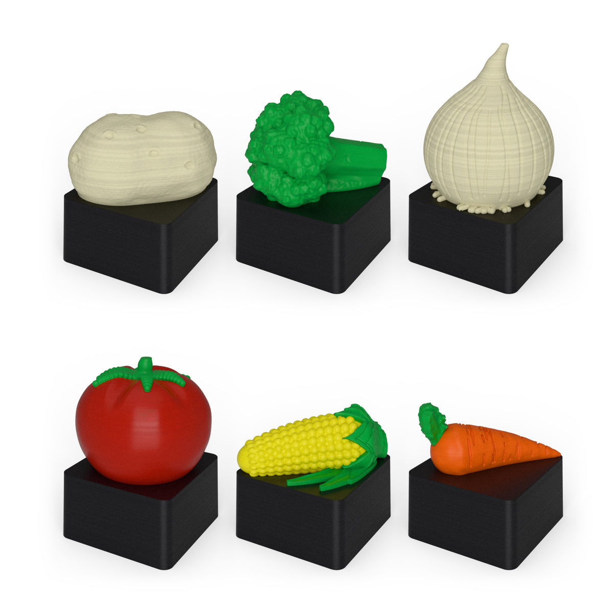 Glacier Veggie Pack 3D printed artisan keycaps: potato, broccoli, onion, tomato, corn and carrot